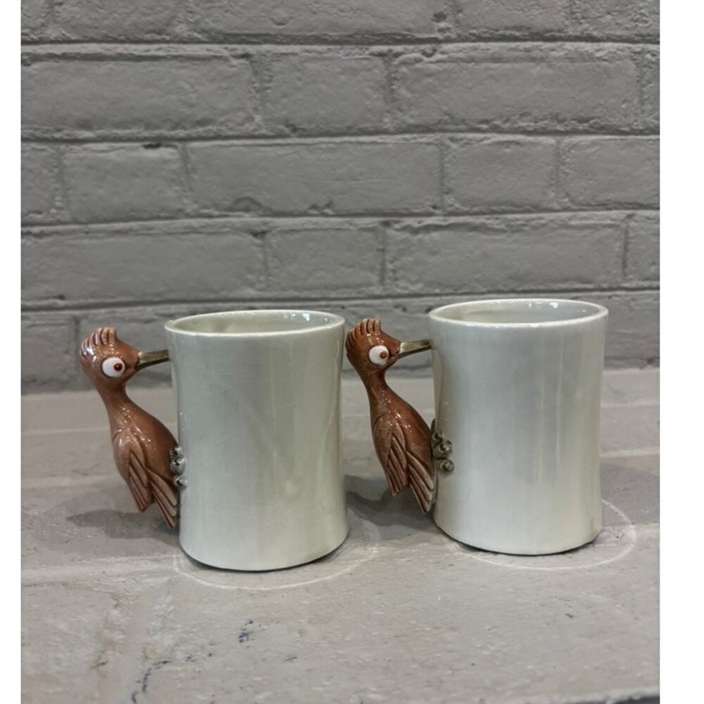 Vintage 1978 Fitz & Floyd Bird-in-Hand Mugs Set of 2 Figural Bird Handles